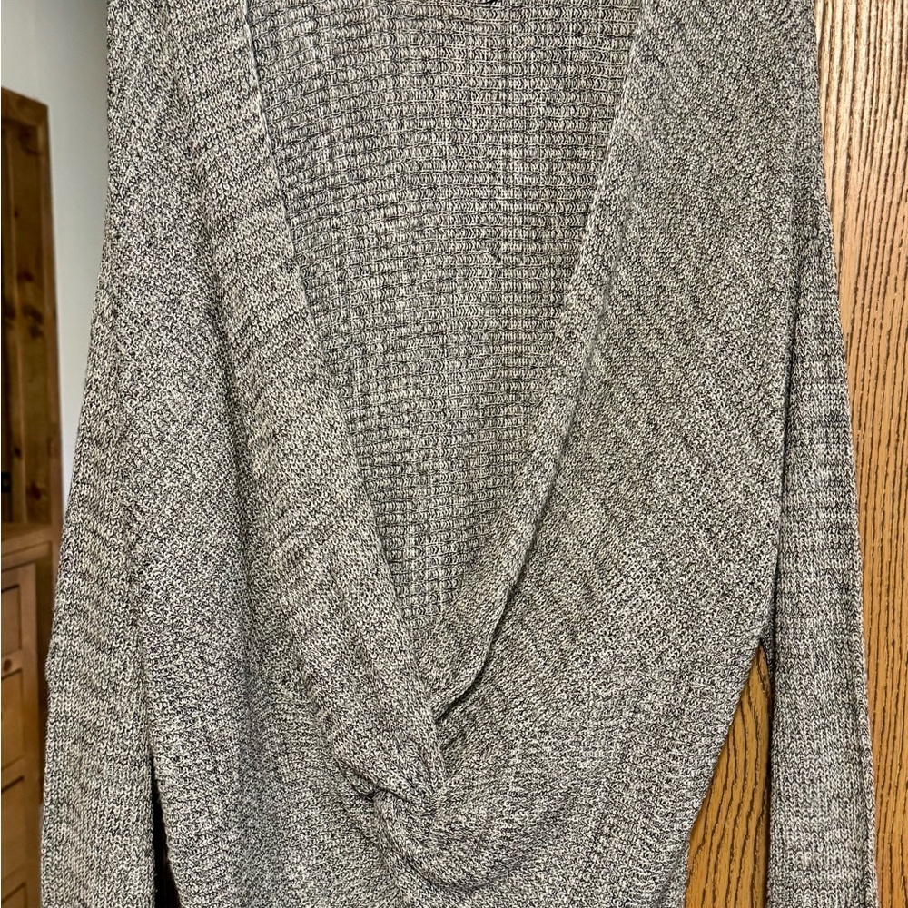 a.n.a Gray Deep V-Neck Knotted Knit Sweater